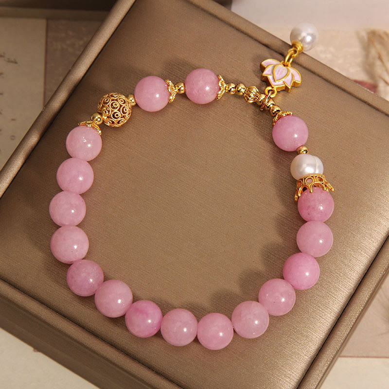 Buddha Stones Pink Quartzite Pearl Lotus Charm Harmony Bracelet - image 5