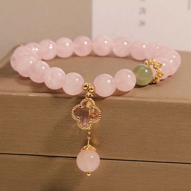 Buddha Stones Natural Pink Crystal Four Leaf Clover Soothing Bracelet