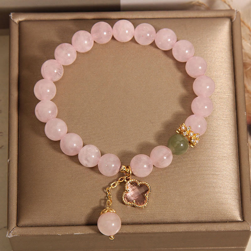 Buddha Stones Natural Pink Crystal Four Leaf Clover Soothing Bracelet