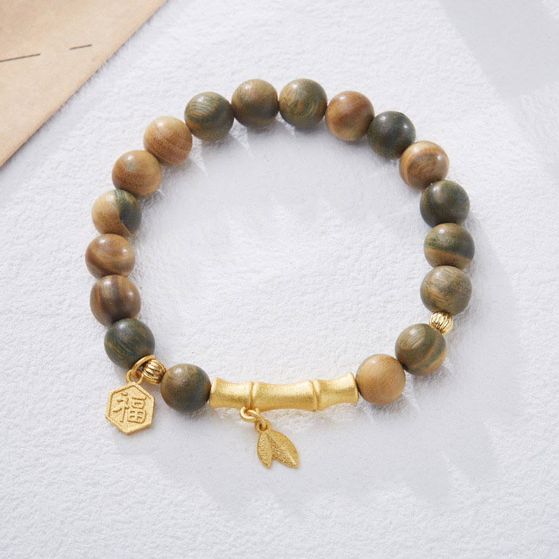 Buddha Stones Green Sandalwood Fu Character Bamboo Soothing Bracelet