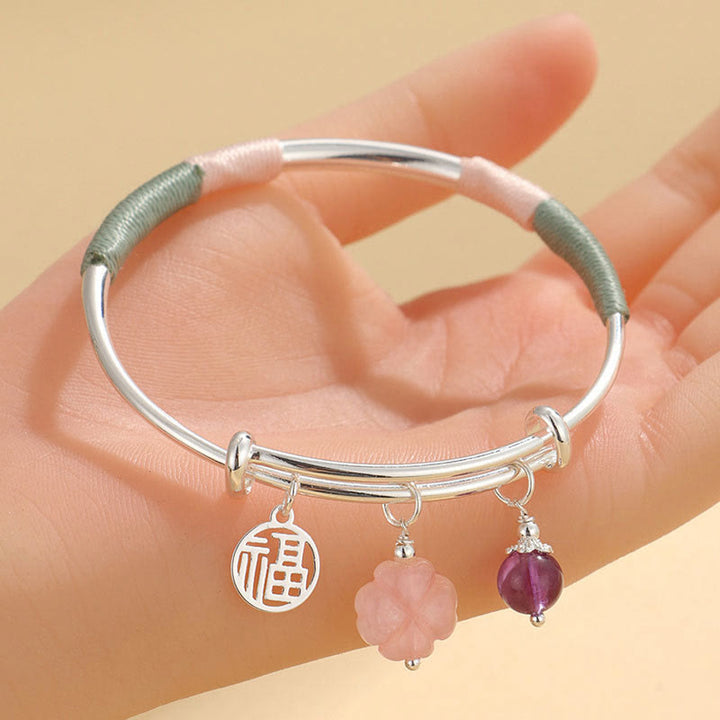 Buddha Stones Pink Crystal Peace Buckle Lucky Flower Love Bracelet Bangle