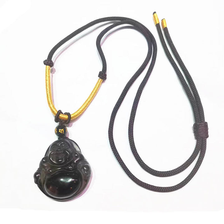 Buddha Stones Natural Black Obsidian Ice Obsidian Laughing Buddha Purification Necklace Pendant