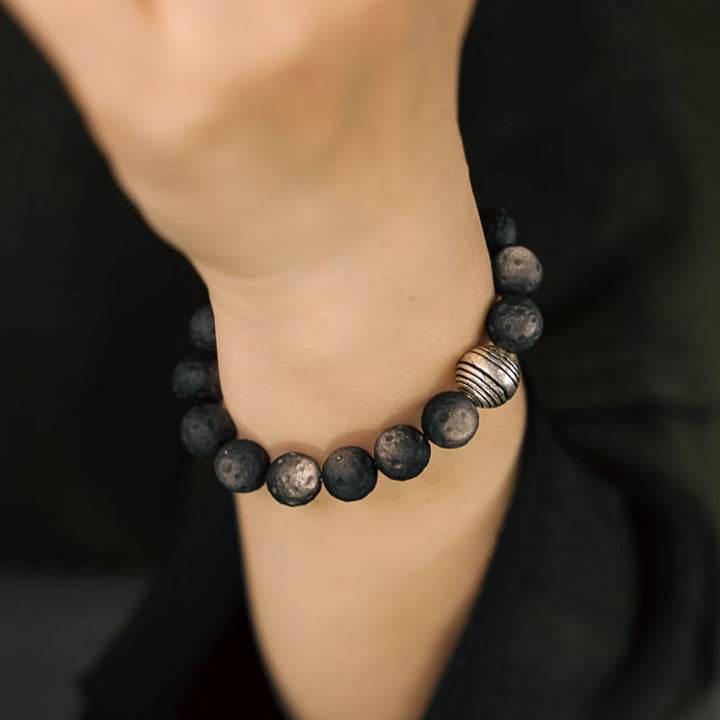 Buddha Stones Natural Silver Sheen Obsidian Lunar Meteorite Protection Bracelet