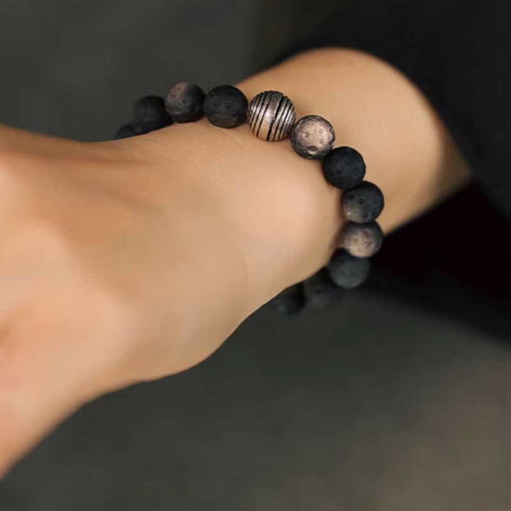 Buddha Stones Natural Silver Sheen Obsidian Lunar Meteorite Protection Bracelet