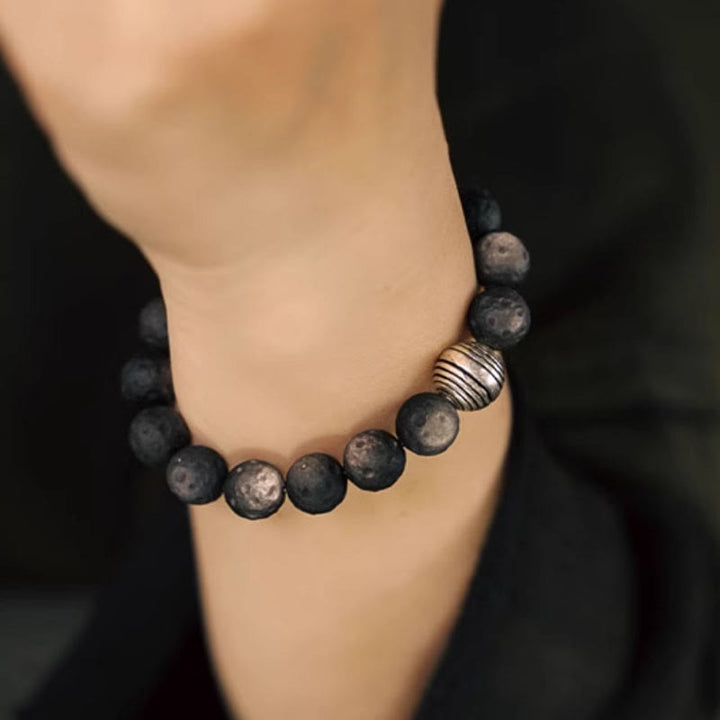 Buddha Stones Natural Silver Sheen Obsidian Lunar Meteorite Protection Bracelet