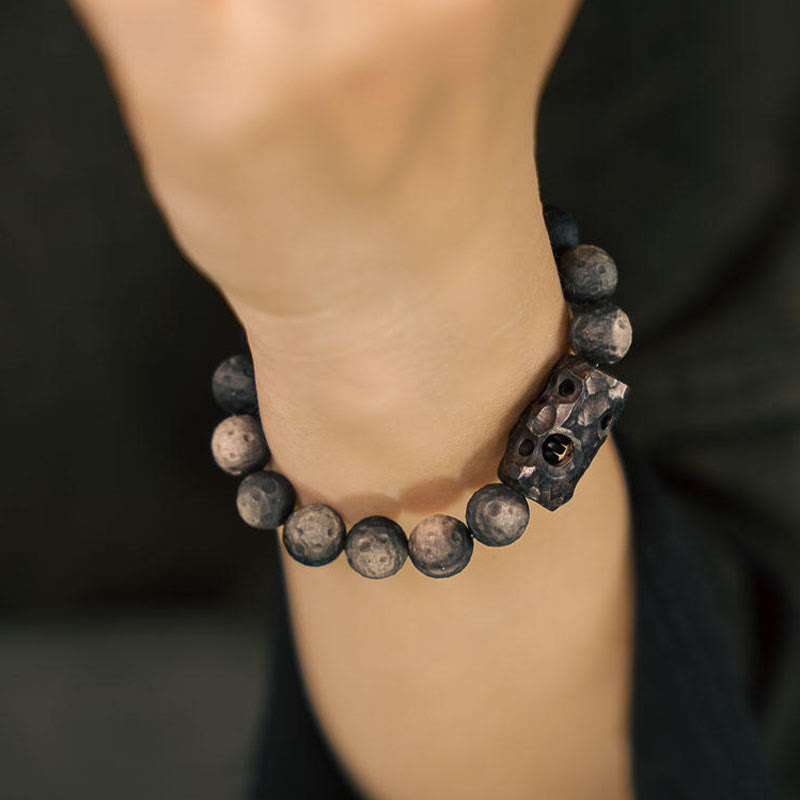 Buddha Stones Silver Sheen Obsidian Ebony Wood Soothing Bracelet