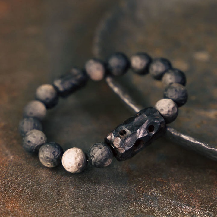 Buddha Stones Silver Sheen Obsidian Ebony Wood Soothing Bracelet