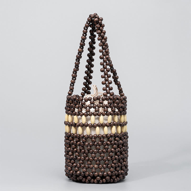 Buddha Stones Hand-woven Bucket Portable Wooden Beads Handbag