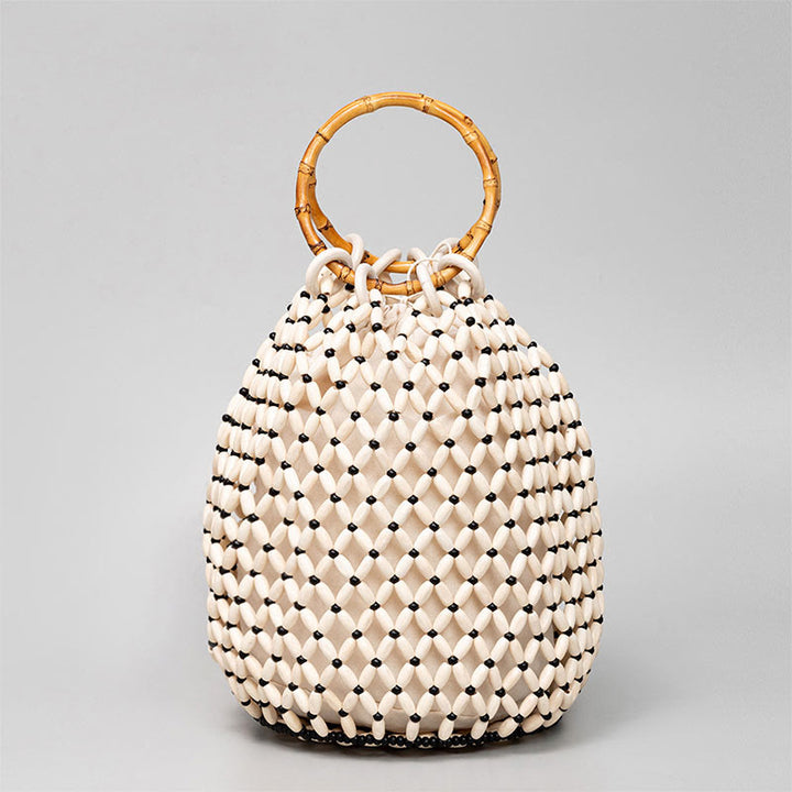 Buddha Stones Hand-woven Wooden Beads Bamboo Handle Shoulder Bag Handbag