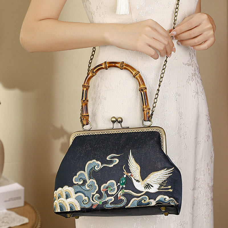 Buddha Stones Auspicious Clouds Cranes Embroidery Bamboo Handle Handbag Crossbody Bag