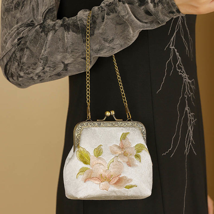 Buddha Stones Orchids Oriental Cherry Butterfly Embroidery Metal Handle Handbag