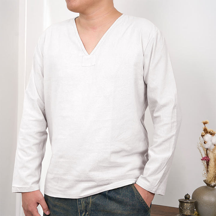 Buddha Stones Solid Color V-Neck Long Sleeve Cotton Linen Men's T-shirt - White - US/UK/AU46，EU56 (3XL) - image 1
