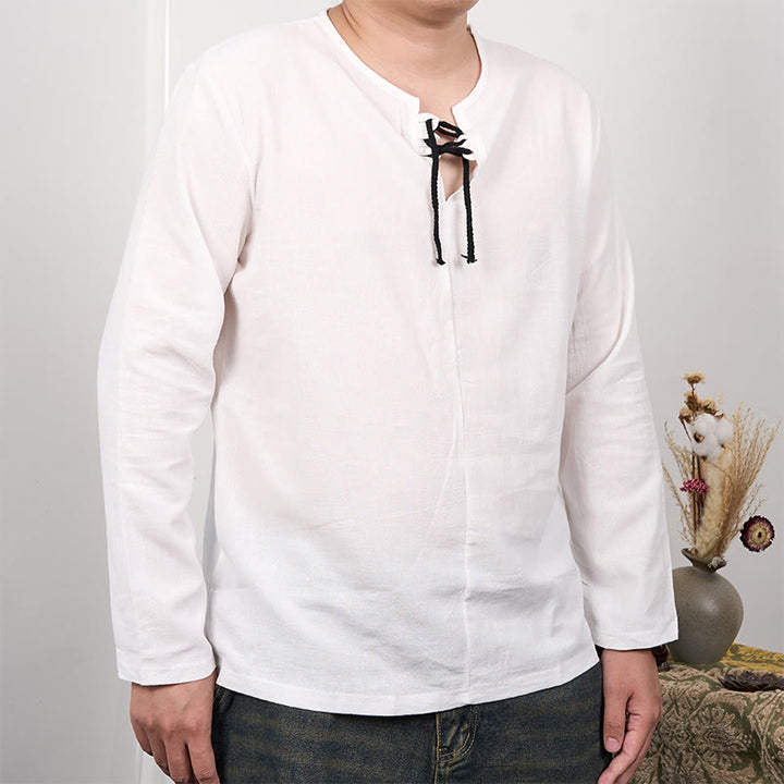 Buddha Stones Solid Color Lace-up Long Sleeve Cotton Linen Men's Shirt