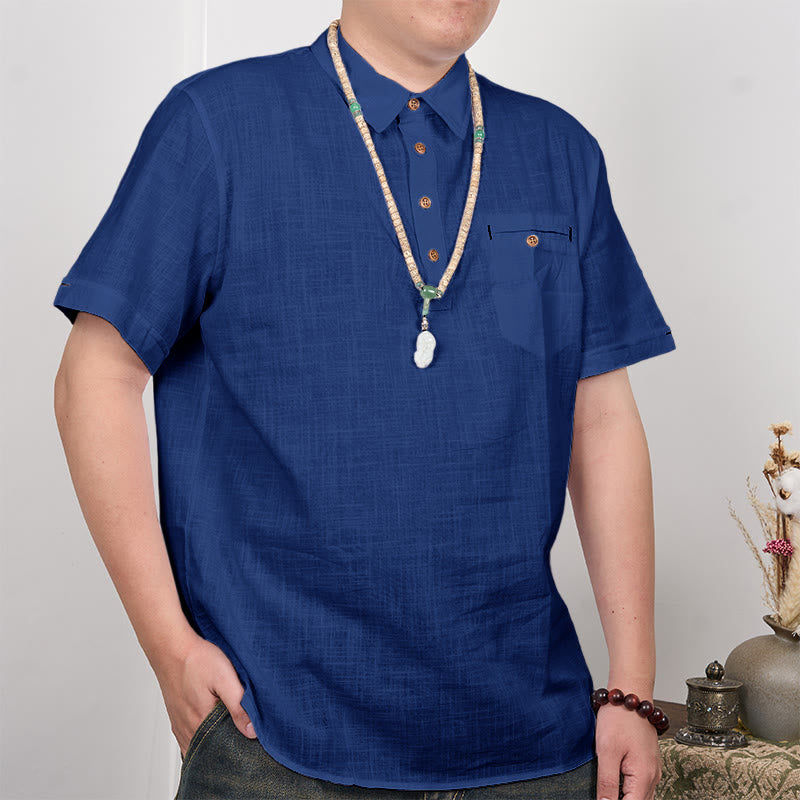 Buddha Stones Men's Solid Color Button Short Sleeve Cotton Linen Polo Shirt