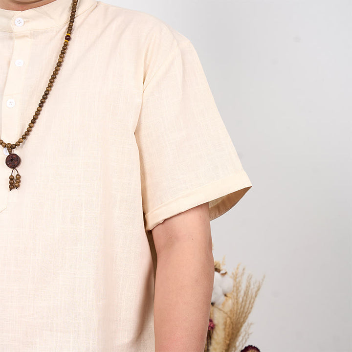 Buddha Stones Men's Plain Color Short Sleeve Half Button Cotton Linen Shirt