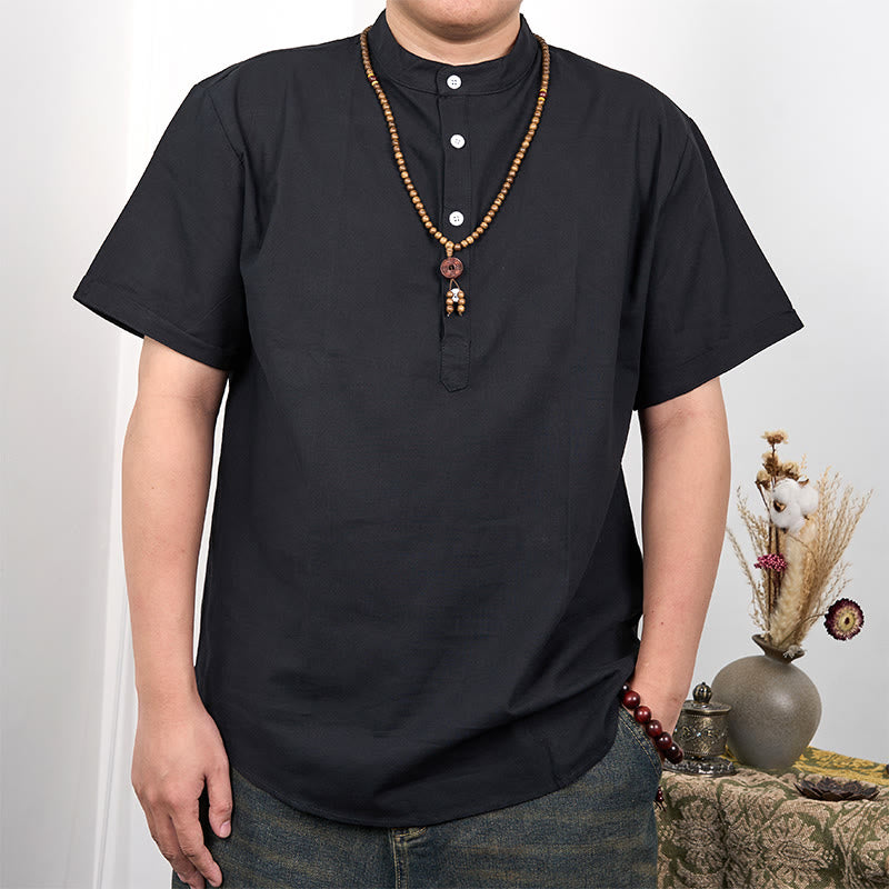 Buddha Stones Men's Plain Color Short Sleeve Half Button Cotton Linen Shirt - Black - US/UK/AU44，EU54 (3XL) - image 3