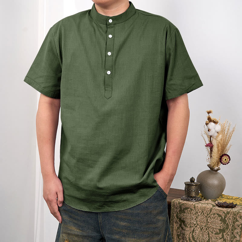 Buddha Stones Men's Plain Color Short Sleeve Half Button Cotton Linen Shirt