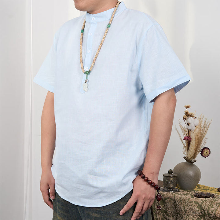 Buddha Stones Men's Plain Color Short Sleeve Half Button Cotton Linen Shirt - image 14