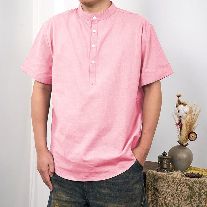 Buddha Stones Men's Plain Color Short Sleeve Half Button Cotton Linen Shirt