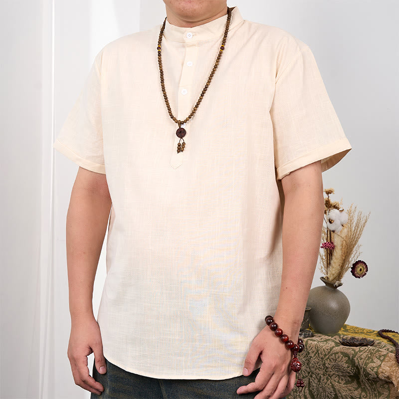 Buddha Stones Men's Plain Color Short Sleeve Half Button Cotton Linen Shirt - Moccasin - US/UK/AU44，EU54 (3XL) - image 0
