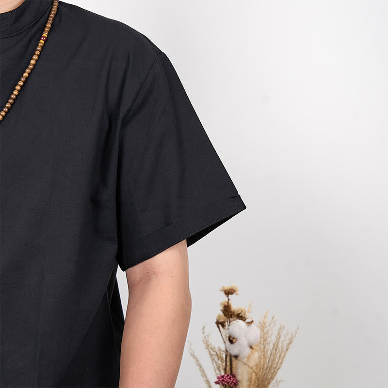 Buddha Stones Men's Plain Color Short Sleeve Half Button Cotton Linen Shirt - image 5