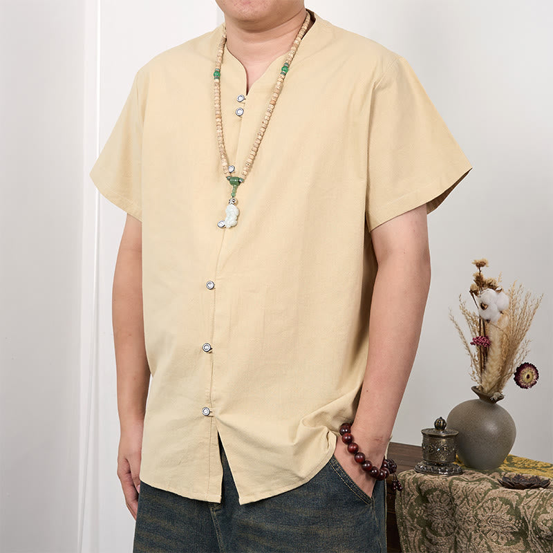 Buddha Stones Men's Short Sleeve Button Down Cotton Linen Shirt