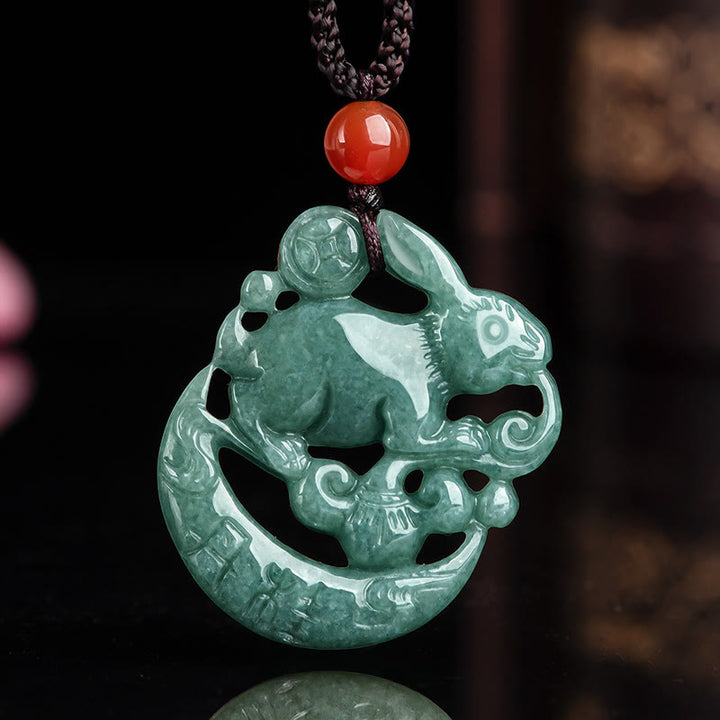 Year of the Rabbit Jade Luck Crescent Mooon Necklace Pendant