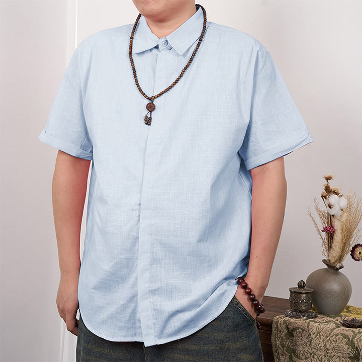 Buddha Stones Men's Short Sleeve Button Casual Cotton Linen Shirt