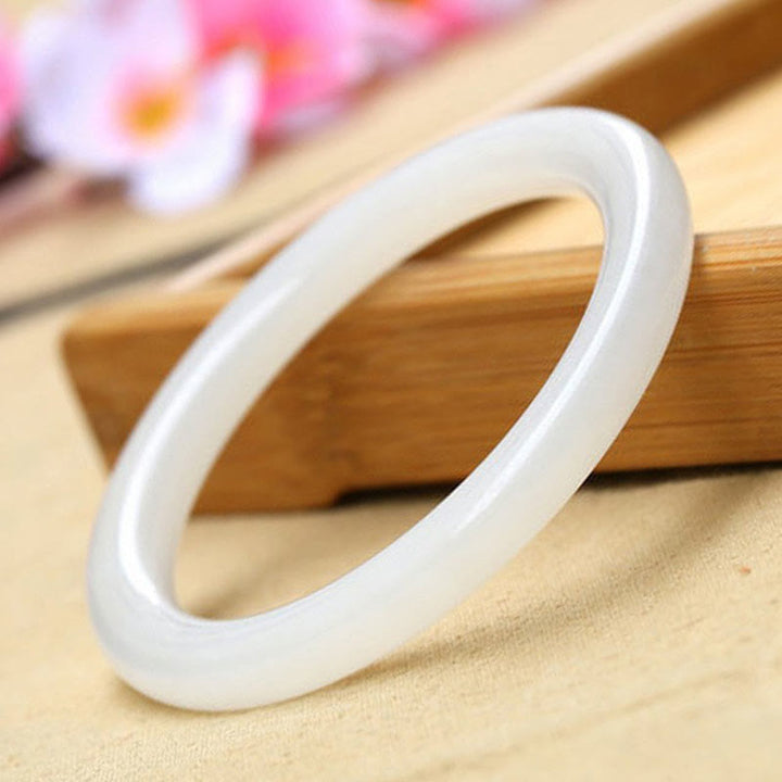 Buddha Stones Natural White Green Jade Luck Prosperity Bracelet Bangle - White Jade - 62mm - image 5