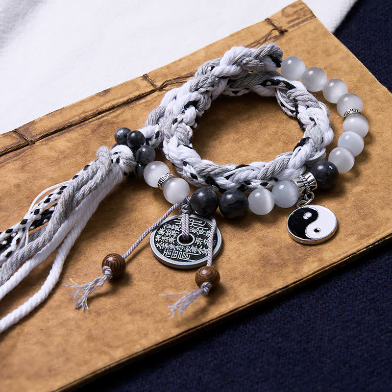 Buddha Stones Black Glitter Stone Cat's Eye Yin Yang Mountain Ghosts Spend Money Power Double Layer Rope Bracelet