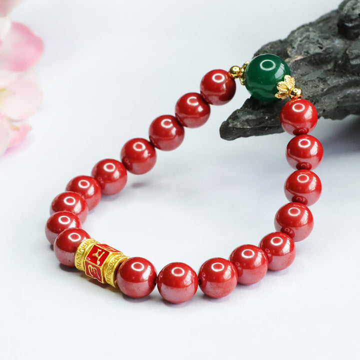 Buddha Stones Natural Cinnabar Green Agate Om Mani Padme Hum Pattern Blessing Bracelet