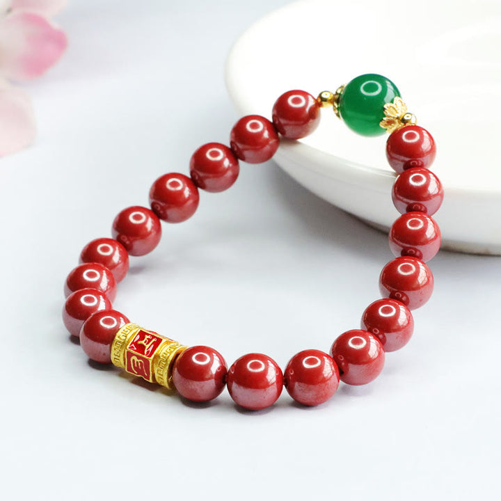 Buddha Stones Natural Cinnabar Green Agate Om Mani Padme Hum Pattern Blessing Bracelet