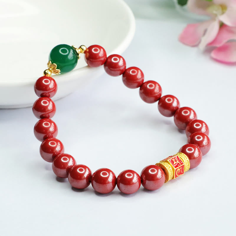 Buddha Stones Natural Cinnabar Green Agate Om Mani Padme Hum Pattern Blessing Bracelet