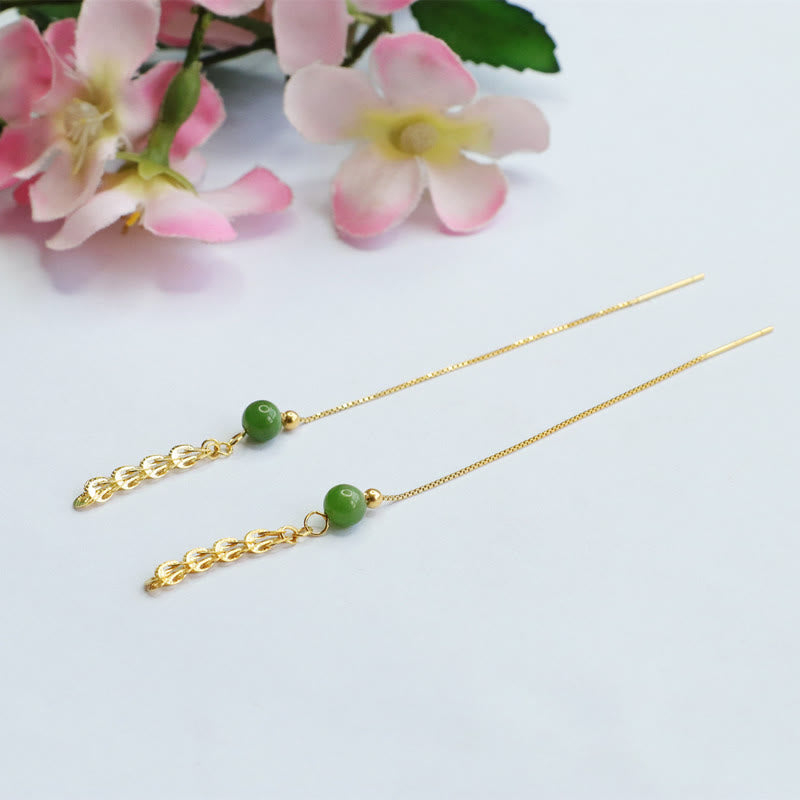 Buddha Stones 925 Sterling Silver Natural Hetian Cyan Jade Bead Luck Phoenix Tail Drop Earrings - image 7