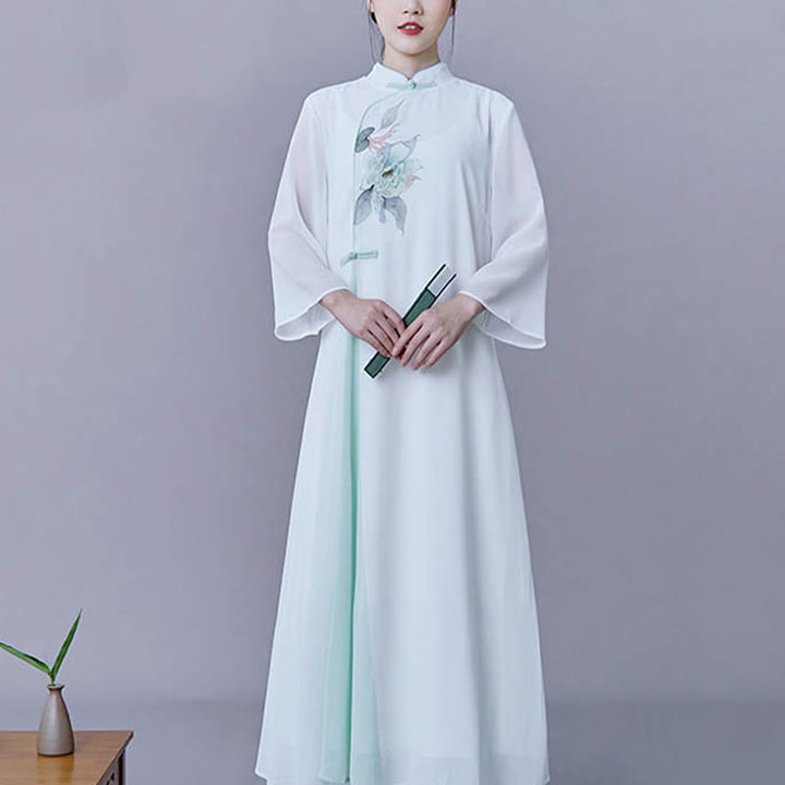 Buddha Stones 2Pcs Flower Three Quarter Sleeve Midi Dress Skirt Chiffon Zen Clothing Women's Set