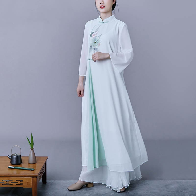 Buddha Stones 2Pcs Flower Three Quarter Sleeve Midi Dress Skirt Chiffon Zen Clothing Women's Set