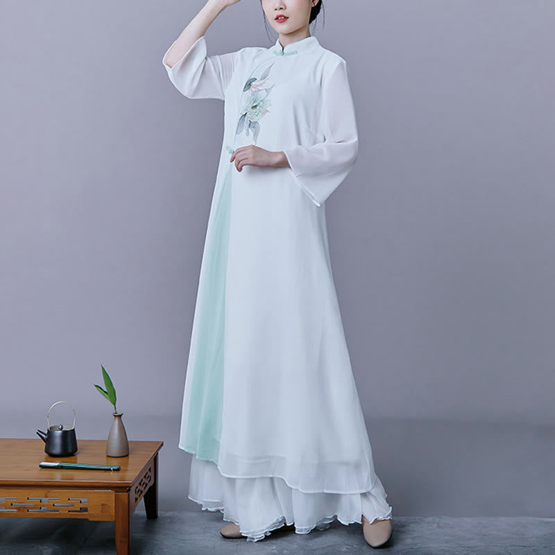 Buddha Stones 2Pcs Flower Three Quarter Sleeve Midi Dress Skirt Chiffon Zen Clothing Women's Set