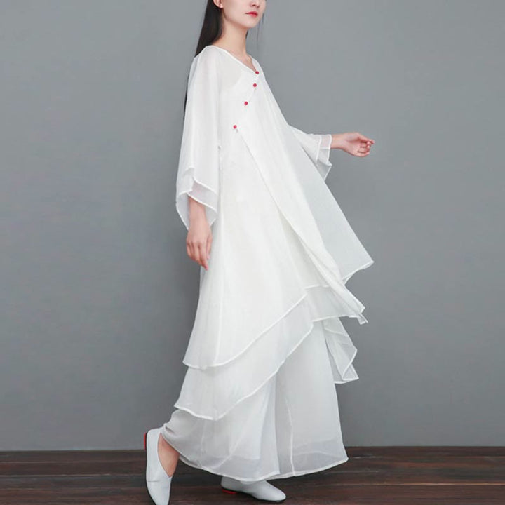 Buddha Stones 3Pcs V-Neck Three Quarter Sleeve Irregular Tank Shirt Wide Leg Pants Chiffon Women's Set