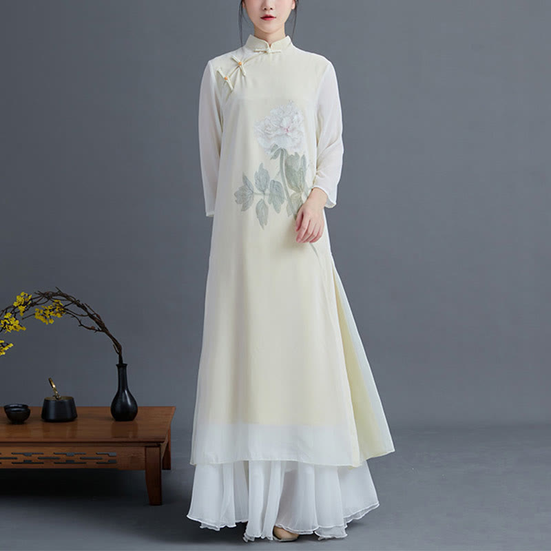 Buddha Stones 2Pcs Peony Flower Cheongsam Midi Dress Skirt Chiffon Zen Clothing Women's Set - Dress&Skirt - 2XL(Fit for US6; UK/AU10; EU38) - image 0