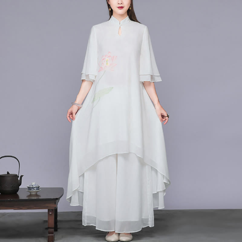 Buddha Stones 2Pcs Lotus Flower Cheongsam Midi Dress Wide Leg Pants Chiffon Zen Women's Set - Dress&Pants - US12，UK/AU16，EU44 (2XL)  - image 0