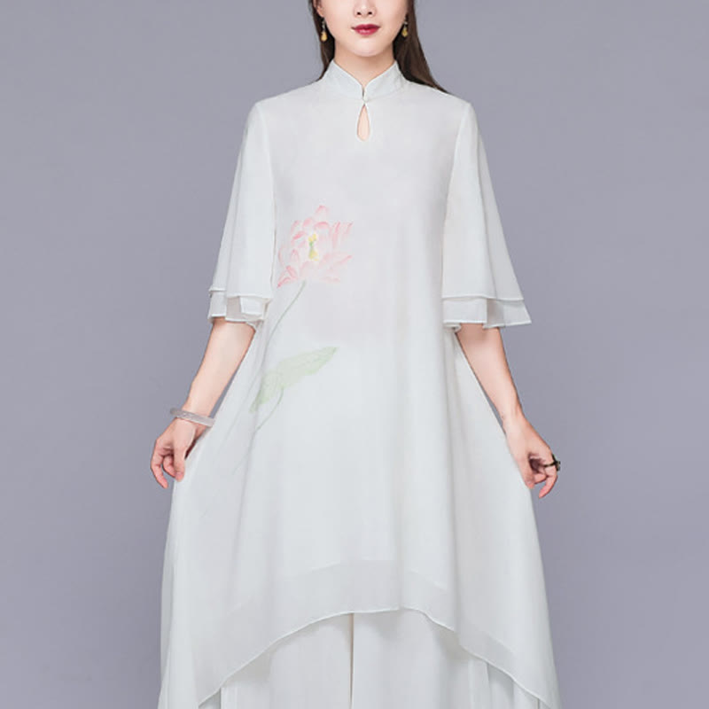 Buddha Stones 2Pcs Lotus Flower Cheongsam Midi Dress Wide Leg Pants Chiffon Zen Women's Set - Dress(Dress Only) - US12，UK/AU16，EU44 (2XL)  - image 5