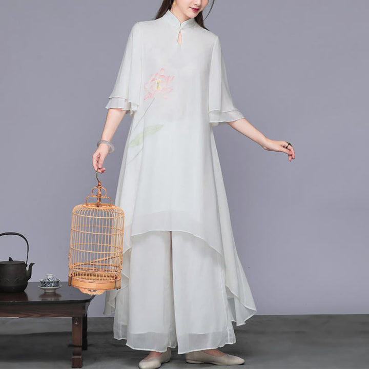 Buddha Stones 2Pcs Lotus Flower Cheongsam Midi Dress Wide Leg Pants Chiffon Zen Women's Set - image 3