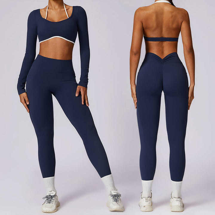 Buddha Stones Solid Color Halter Neck Bra Long Sleeve Crop Tank Top Pants Sports Fitness Gym Yoga Outfits