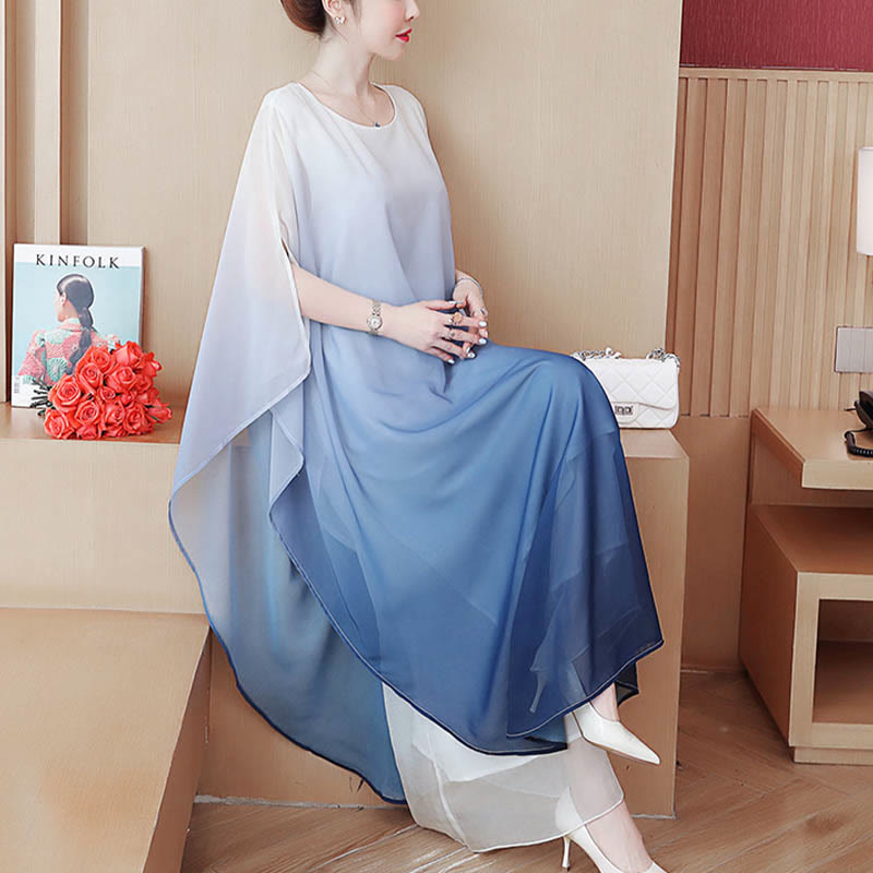 Buddha Stones Gradient Color Half Sleeve Chiffon Midi Dress Meditation Zen Practice