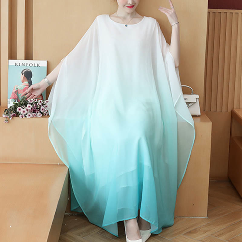 Buddha Stones Gradient Color Half Sleeve Chiffon Midi Dress Meditation Zen Practice