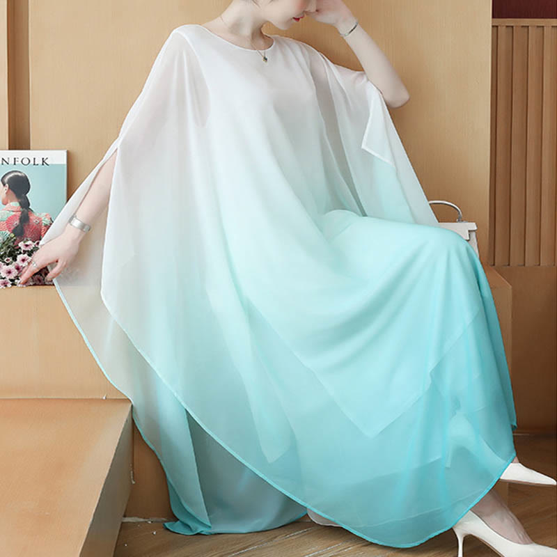 Buddha Stones Gradient Color Half Sleeve Chiffon Midi Dress Meditation Zen Practice