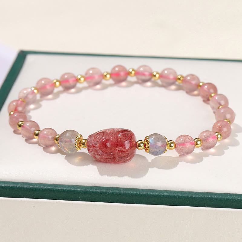 Buddha Stones Moonstone Strawberry Quartz Tourmaline PiXiu Healing Bracelet