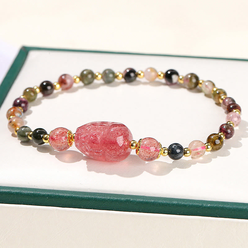 Buddha Stones Moonstone Strawberry Quartz Tourmaline PiXiu Healing Bracelet