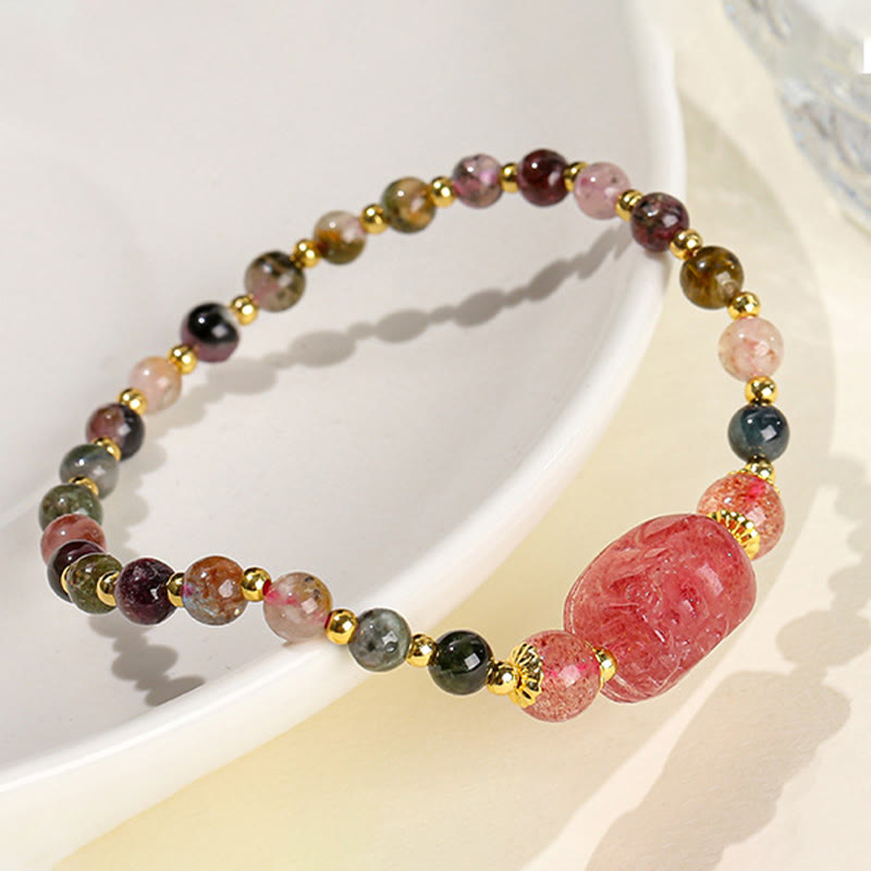 Buddha Stones Moonstone Strawberry Quartz Tourmaline PiXiu Healing Bracelet