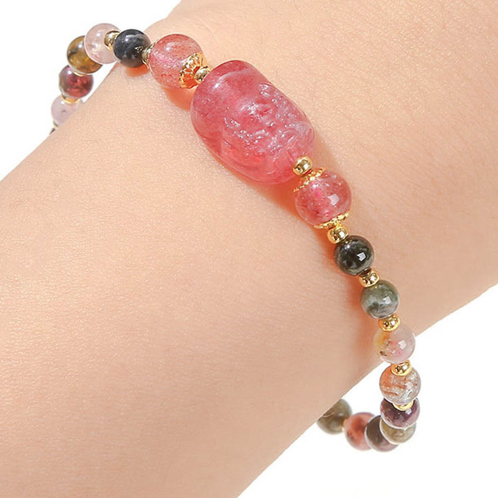 Buddha Stones Moonstone Strawberry Quartz Tourmaline PiXiu Healing Bracelet